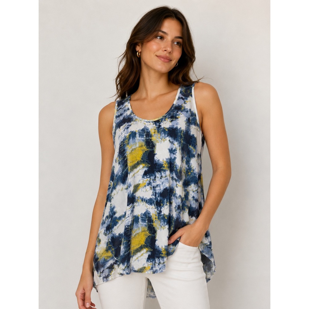 BP.Blue Yellow Abstract Watercolor High-Low Scoop Neck Tank Top Large BP318047JR